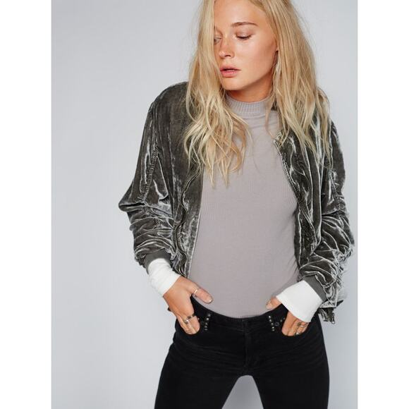 Free People Ruched Velvet Bomber Jacket Grey Size Medium Casual Dressy Chic Sexy - Picture 1 of 16